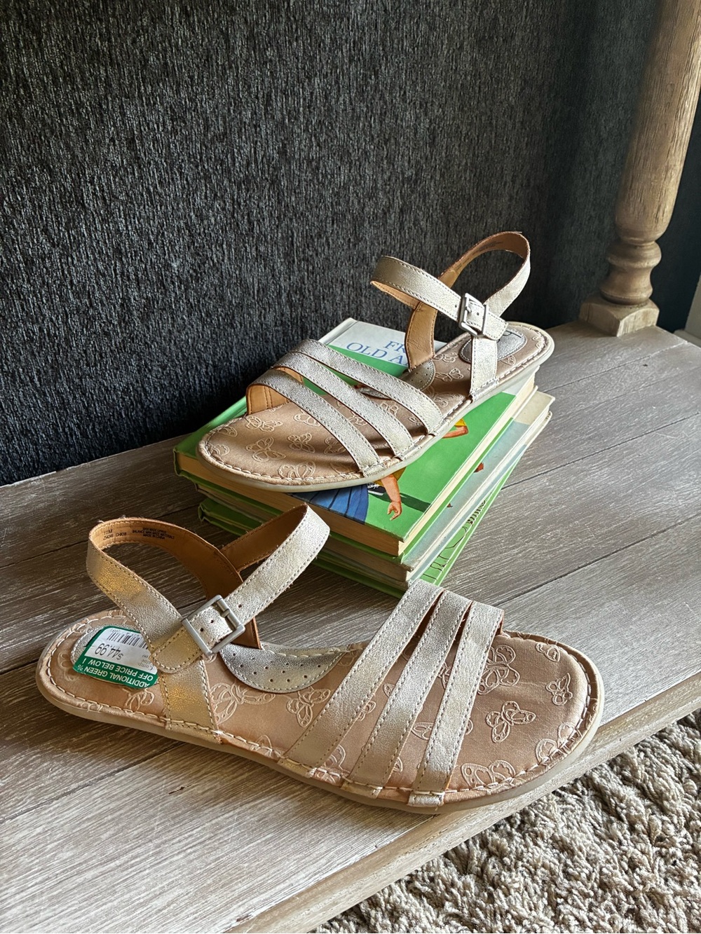 b.o.c. Gold Metallic Strappy Sandal with Embossed Tan Footbed